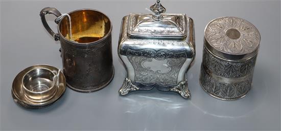 A Victorian engraved silver/silver gilt Christening mug, a Malaysian white metal box and cover and four other items,